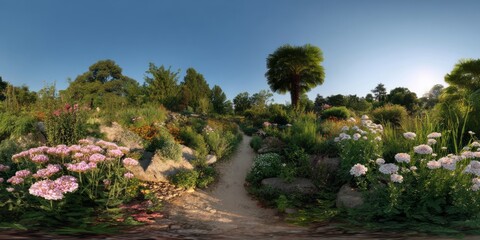 Panoramic 360 degrees garden landscape hdr image in nature with vibrant flowers