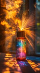 Canister spray substance Vibrant spray bottle releasing colorful mist, creating a stunning visual against sunlight filtering through.