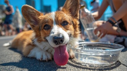 Corgi dog heatstroke on summer, while human provides relief with a portable drink in a park landscape.