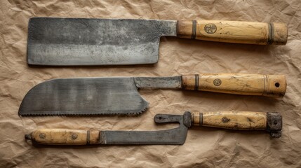 Rustic, aged knives arranged on crumpled paper