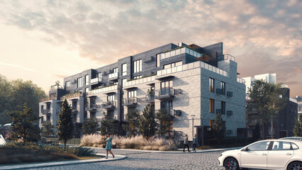 Multi-story modern residential complex with balconies, large windows, and stylish urban surroundings. People walking and cars parked in front.