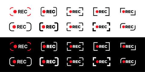 Recording icon set. Red sign camera video recording symbol, rec icon