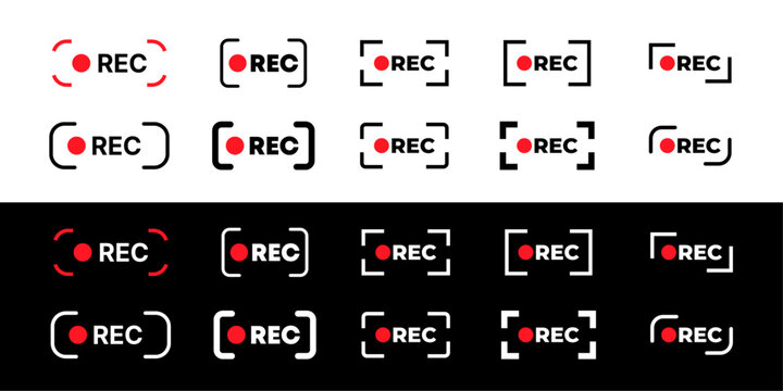 Recording icon set. Red sign camera video recording symbol, rec icon