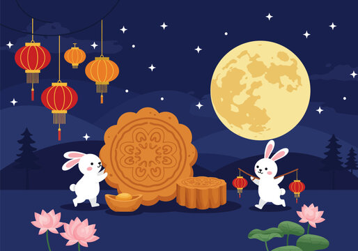 Vector illustration rabit and mooncake in the night
