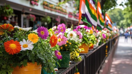 Fototapeta premium Colorful Flower Pots Lining a Bright Urban Walkway in Spring