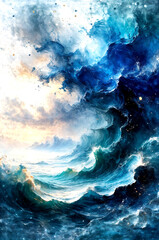 Sunlit Celestial Ocean Waves in Abstract Light, Dreamlike Flow of a Cosmic Sea -Generative AI
