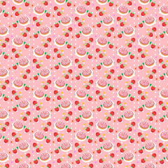 Playful seamless pattern of cream-filled donuts topped with strawberries on pink colorful background