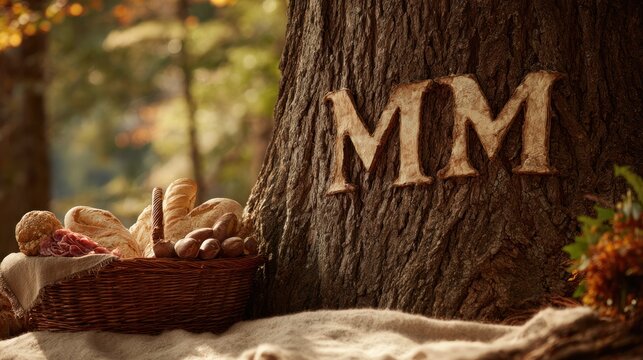 Rustic autumn scene with bread basket and initials on tree