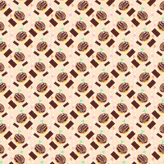 Tasty seamless pattern of cream-filled donuts topped with chocolate on a cream  colorful vibrant background