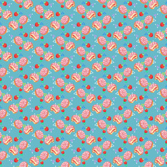 Playful seamless pattern of cream-filled donuts topped with strawberries on blue colorful background