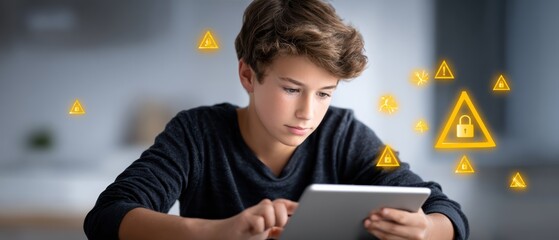 A young boy intently uses a tablet, surrounded by glowing digital warning icons symbolizing cybersecurity threats and data protection.