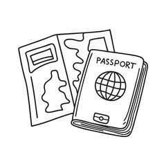 A folded travel map beside a single passport