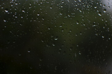 Rain drops on window, blurred green background