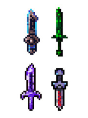Pixel Art Fantasy Swords Collection, RPG Game Weapons. collection of four distinct pixel art fantasy swords, meticulously with unique elemental and magical properties in a pixel art style.