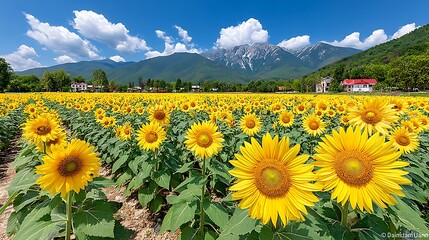 Obraz premium Vibrant Sunflower Field Under Clear Sky Near Majestic Mountains on a Sunny Day