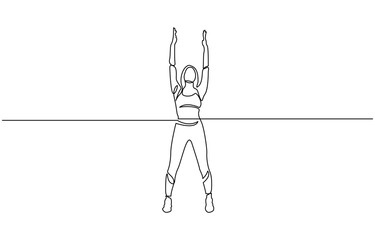 Continuous line art or One Line Drawing of a woman stretching arms is relaxing, and woman raising hands in an exercise of relax and breathing, one line continuous drawing.