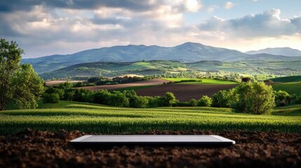 Tablet on Ground with Scenic Hills and Cloudy Sky Background