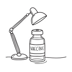 A desk lamp shining over a single vaccine vial