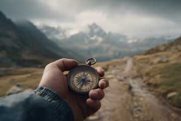 Adventurer checking a vintage compass while trekking through a mountainous trail, dramatic clouds and distant mountain peaks in the background.