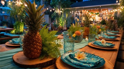Outdoor table setting with tropical fruit, string lights, wood and teal accents