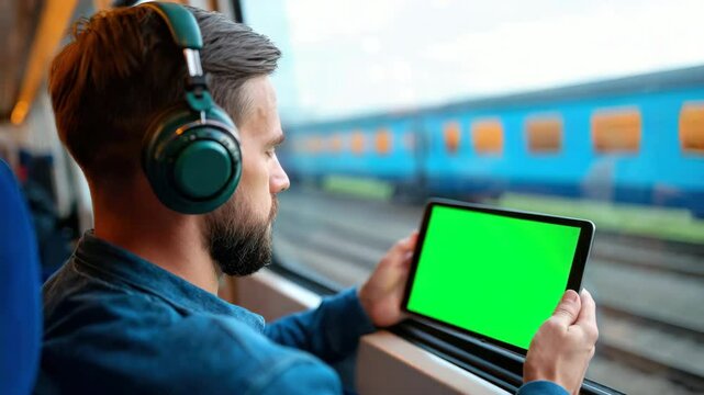 Man with beard wearing headphones by train window holding digital tablet with green screen, traveling and enjoying technology, relaxed and focused during journey, modern travel and digital device