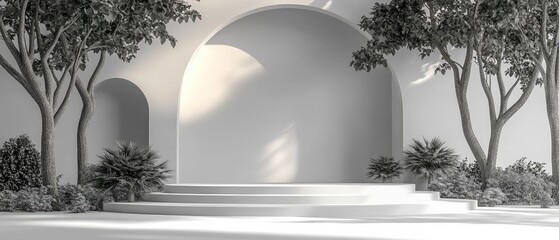Empty stage with archways and greenery.