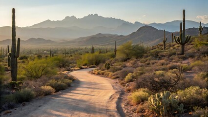 Desert Landscape With Saguaro Cacti And Winding Dirt Road