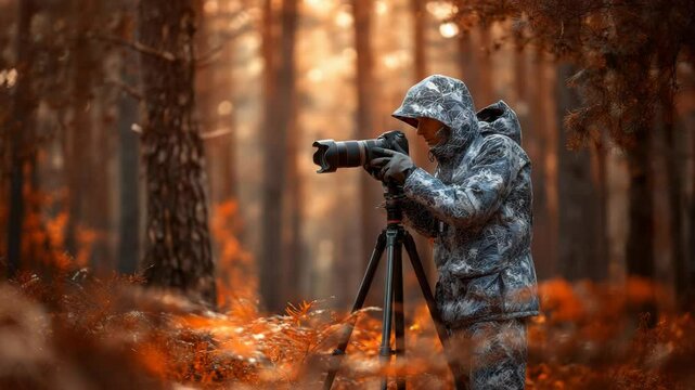 Professional wildlife photographer capturing autumnal forest scene with tripod setup