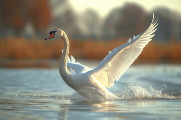 Swan Tipping Over Gracefully in Pond, legs sticking up and wings awkwardly flared. Calm water, soft ripples, natural lighting.