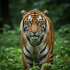 Fototapeta premium Tiger in Monsoon Forest – Rain Wildlife Photography