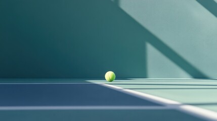 Isolated tennis ball on the court with strong contrasting shadows and blue wall