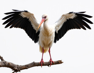 Fototapeta premium a close up of a oriental stork with white body and black wings folded