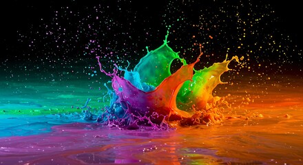 Vibrant splash of rainbow paint on the ground with colorful liquid explosion effect, dynamic abstract design element for creative backgrounds, artistic textures, and modern visual concepts