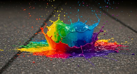 Vibrant splash of rainbow paint on the ground with colorful liquid explosion effect, dynamic abstract design element for creative backgrounds, artistic textures, and modern visual concepts