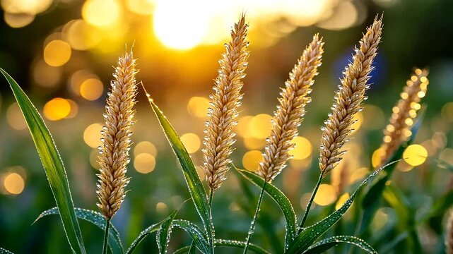 Golden hour glow on meadow foxtail grass with dew drops in a summer field