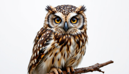 a close up of a forest owletdetailed feathersfull bodyfacing the cameraperched o