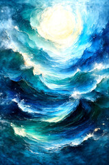 Sunlit Celestial Ocean Waves in Abstract Light, Dreamlike Flow of a Cosmic Sea -Generative AI
