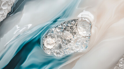 Abstract ice on silky fluid background in cool tones.