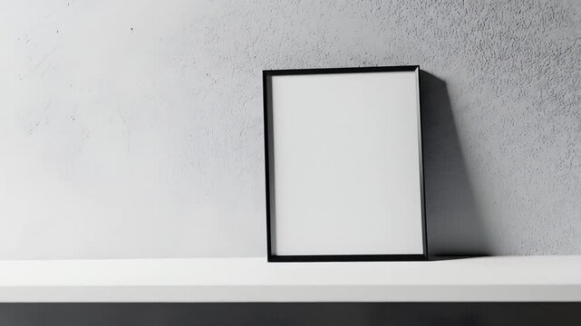 Empty black framed picture on a white shelf against a textured wall