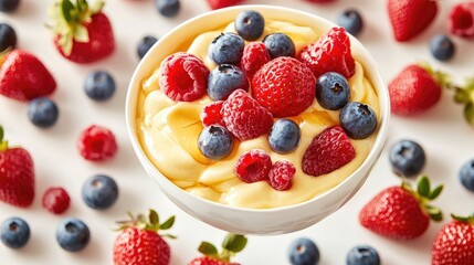 Fresh berries atop a creamy dessert bowl.