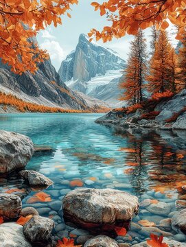 Serene mountain lake in autumn.  Crisp, clear water reflects a majestic mountain range, framed by vibrant fall foliage.  Rocky shoreline with fallen leaves