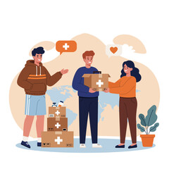 Someone is providing assistance in the form of food and medicine, flat design vector illustration