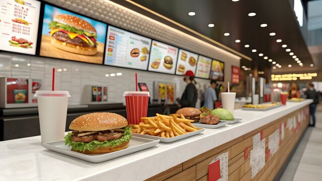 Burger Restaurant: A inviting fast food restaurant, delicious burger, fries, and soda are beautifully displayed on the counter, under a warm glow. The ambiance is inviting with a view of the menu.