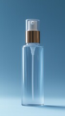 Obraz premium Canister spray substance A sleek, transparent spray bottle against a soft blue background, ideal for showcasing beauty or cosmetic products.