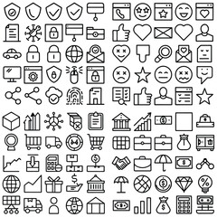 Large Collection of Black Outline Icons on White Background, Diverse Set of Symbols for Web Design and Mobile Apps