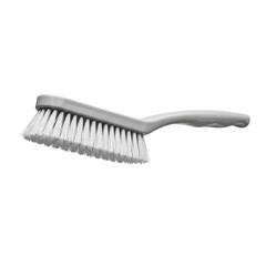 Close up of a gray handled cleaning brush with white bristles