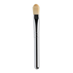 Close up of a makeup brush with a silver handle
