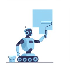 Naklejka premium Blue Robot Painting a Wall with Paint Roller