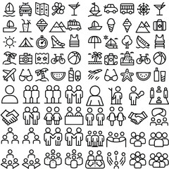 Fototapeta premium Collection of Black and White Line Icons Depicting Travel Vacation Activities People Groups and Symbols