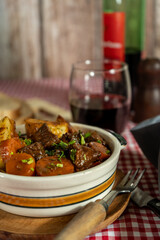 Hearty beef stew with red wine and vegetables